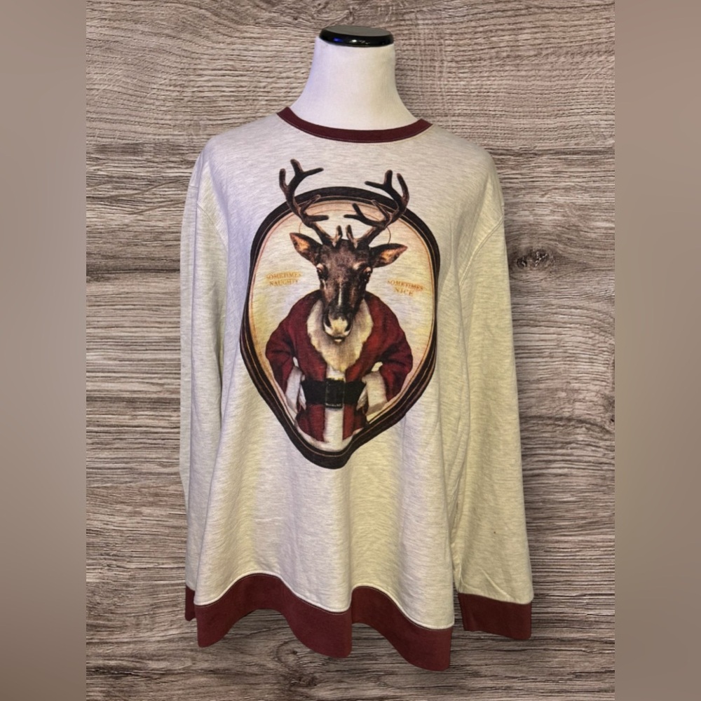 EUC Holiday Fun Fleece Reindeer Head Santa Sweatshirt Christmas